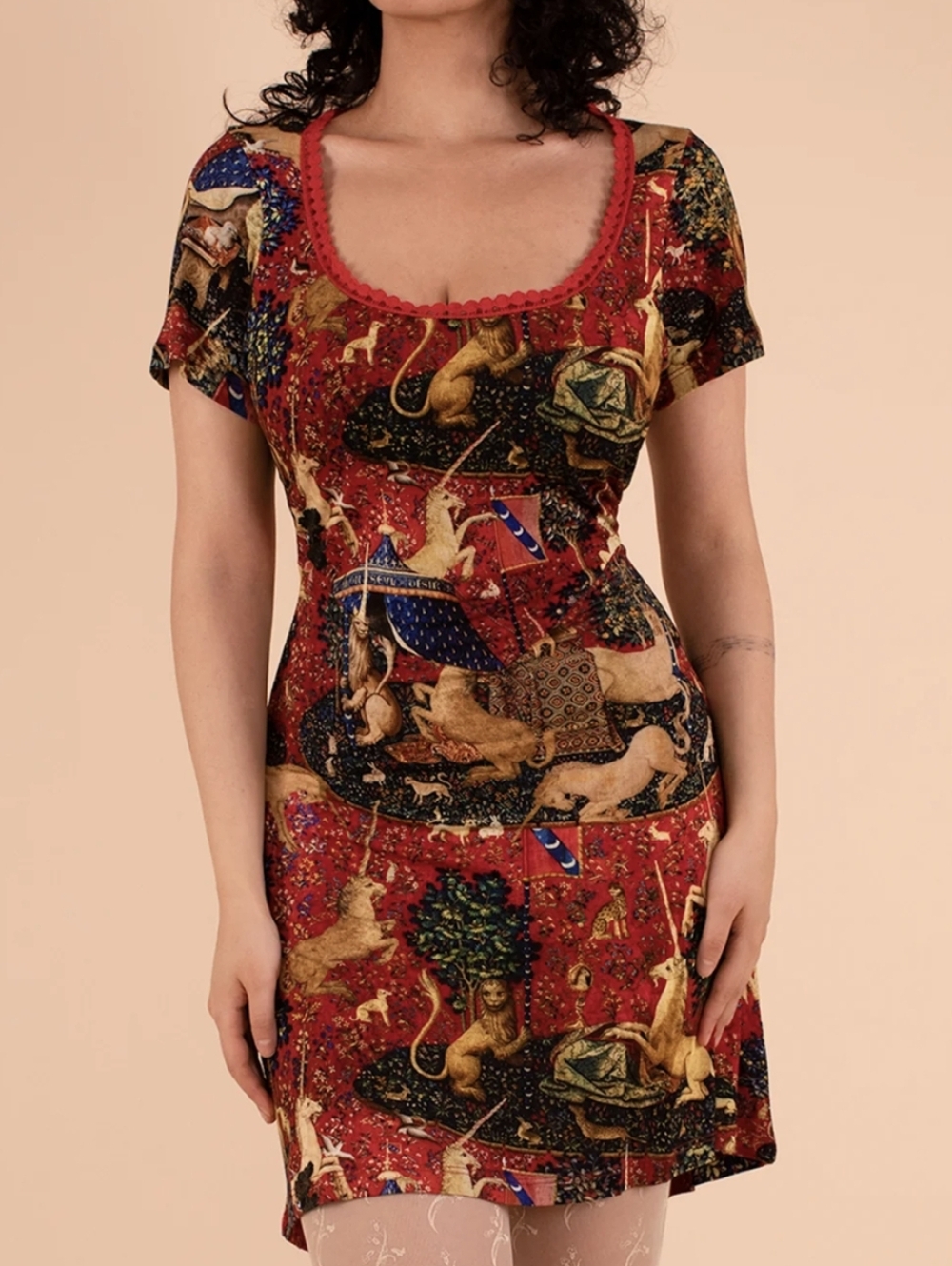 Samantha Pleet Red Medieval Unicorn Tapestry Print Dress